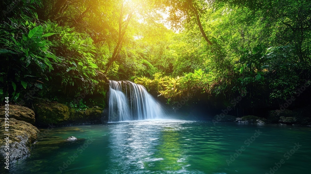 A peaceful waterfall flows into a clear, inviting pool amidst thick, green foliage. Sunlight filters through the trees, illuminating the tranquil scene, perfect for relaxation A peaceful waterfall flows into a clear, inviting pool amidst thick, green foliage. Sunlight filters through the trees, illuminating the tranquil scene, perfect for relaxation