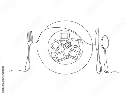 Abstract Dumplings, ravioli on the plate, continuous single one line art hand drawing sketch logo