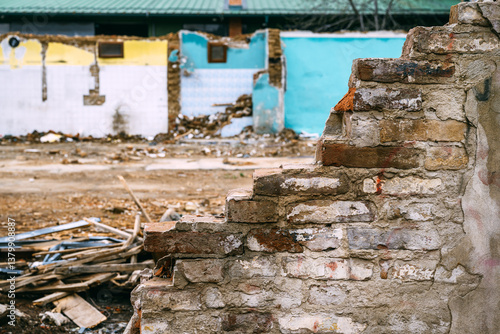 Obraz na plátně House demolition site, remains of an old brick wall of a run down building