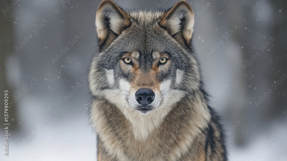 A powerful wolf gazes directly at the viewer in a snow-covered forest. Its thick fur and striking coloration highlight its wild, serene presence in a cold winter environment A powerful wolf gazes directly at the viewer in a snow-covered forest. Its thick fur and striking coloration highlight its wild, serene presence in a cold winter environment
