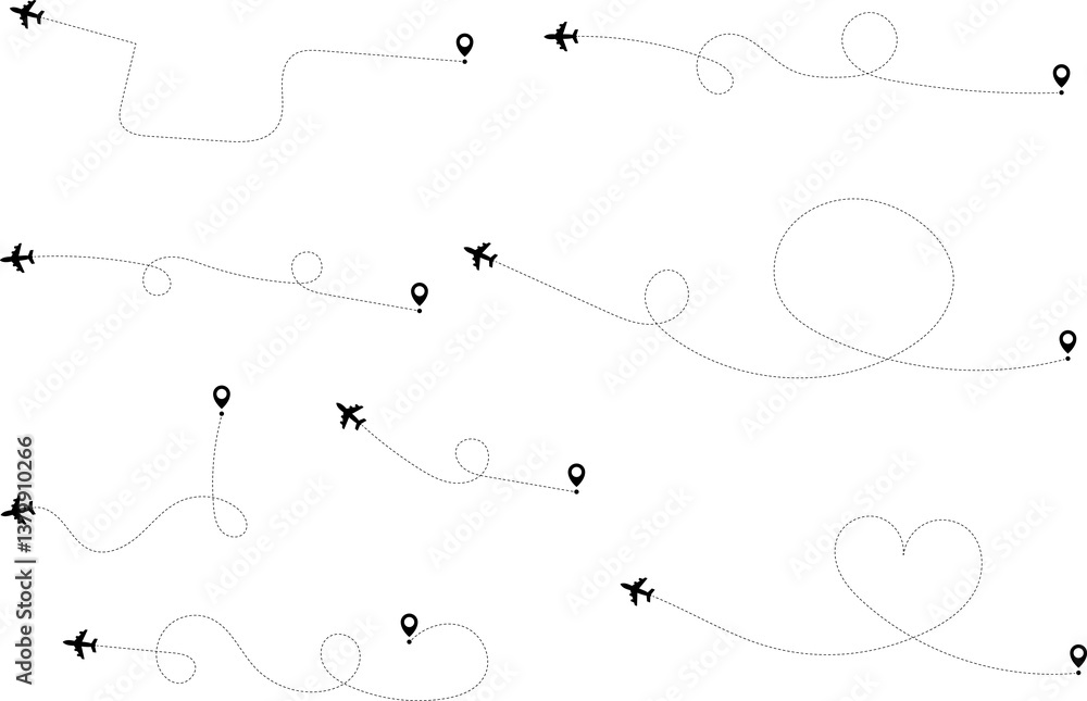 Airplane line path icon of air plane flight route with start point and dash dotted line trace. Love travel route. Airplane routes. Travel icon. Airplane line path icon of air plane flight route with start point and dash dotted line trace. Love travel route. Airplane routes. Travel icon.