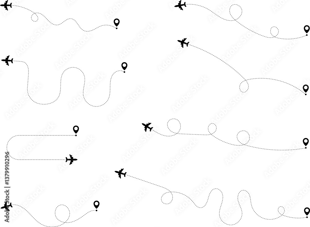 Airplane line path icon of air plane flight route with start point and dash dotted line trace. Love travel route. Airplane routes. Travel icon. Airplane line path icon of air plane flight route with start point and dash dotted line trace. Love travel route. Airplane routes. Travel icon.