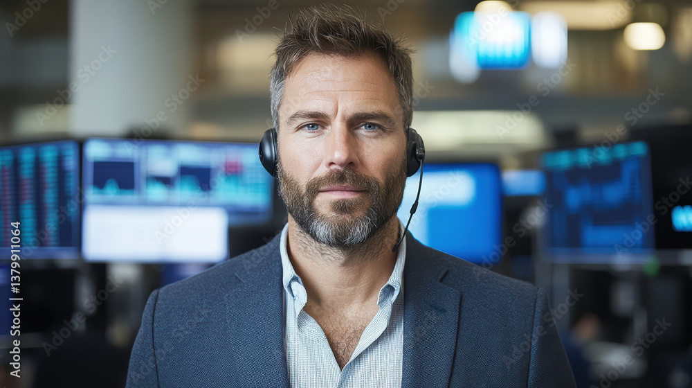 Professional financial trader with headset in trading environment, focused on market analysis Professional financial trader with headset in trading environment, focused on market analysis
