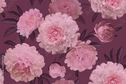 Wallpaper Mural Pink Peonies in Full Bloom.  Seamless pattern. Torontodigital.ca