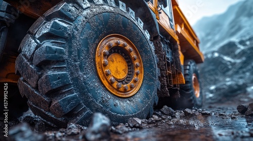 A large yellow earthmoving machine displays its giant industrial tire