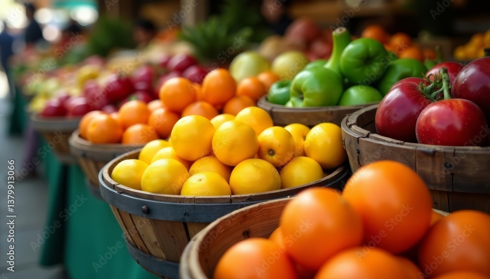 Rustic wooden baskets filled with colorful fruits and vegetables at farmers market, harvest, organic, healthy Rustic wooden baskets filled with colorful fruits and vegetables at farmers market, harvest, organic, healthy