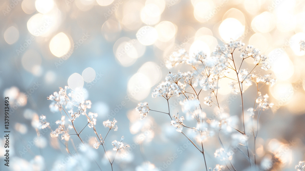 Close up of delicate white flowers with bokeh lights in a soft and dreamy background Close up of delicate white flowers with bokeh lights in a soft and dreamy background