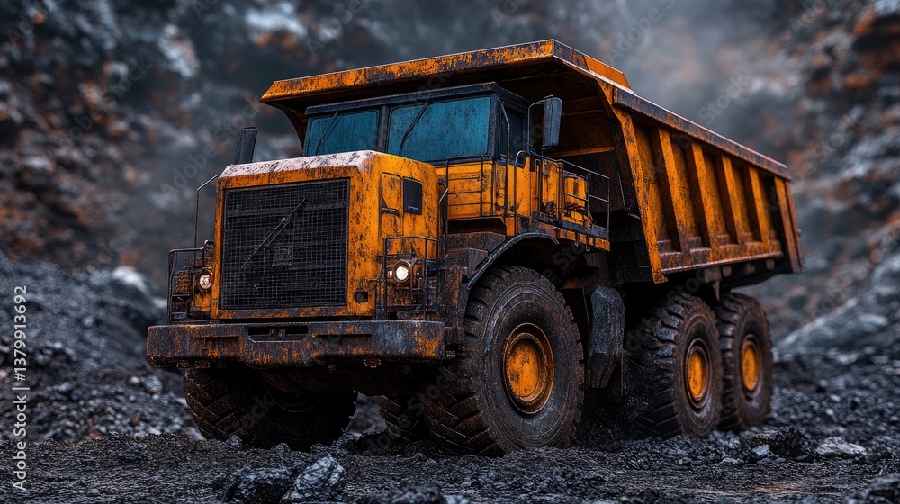 Fototapeta premium A large industrial dump truck sits on a pile of material