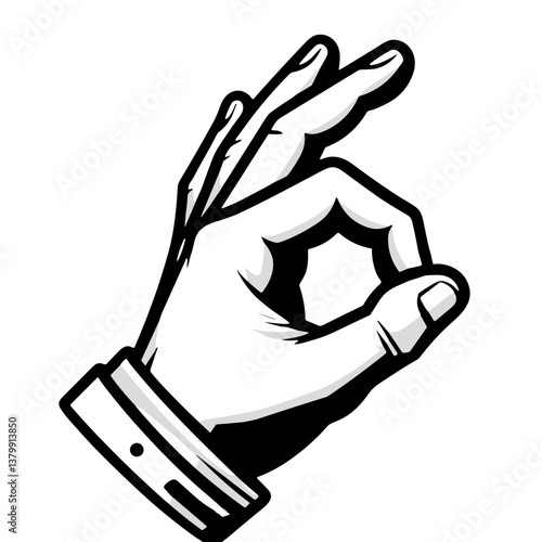 Minimalistic black-and-white line art illustration of a hand making the "OK" gesture