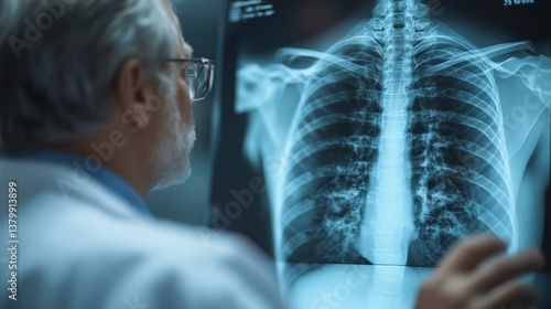 Doctor examining chest X-ray, looking for issues with patient's lungs and bones