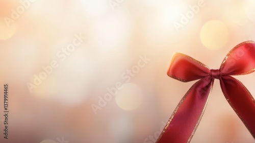 A close-up view showcases a single red ribbon in a perfectly tied bow with golden edges. The soft pastel background adds a touch of elegance and luxury