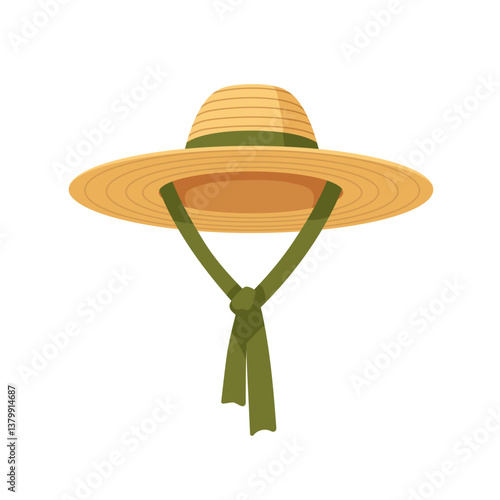 Straw sun hat with tied chin ribbon. Summer beach headwear with wide brim. Elegant classic head accessory. Female headdress for holiday. Flat vector illustration isolated on white background