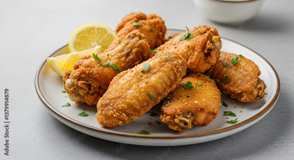 A plate of crispy fried chicken wings garnished with parsley and lemon wedges on a gray surface A plate of crispy fried chicken wings garnished with parsley and lemon wedges on a gray surface