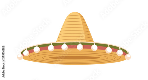 Sombrero, Mexican hat, holiday accessory. Mexico head wear, hispanic latin american traditional headwear with wide brim. Carnival fiesta cap. Flat vector illustration isolated on white background