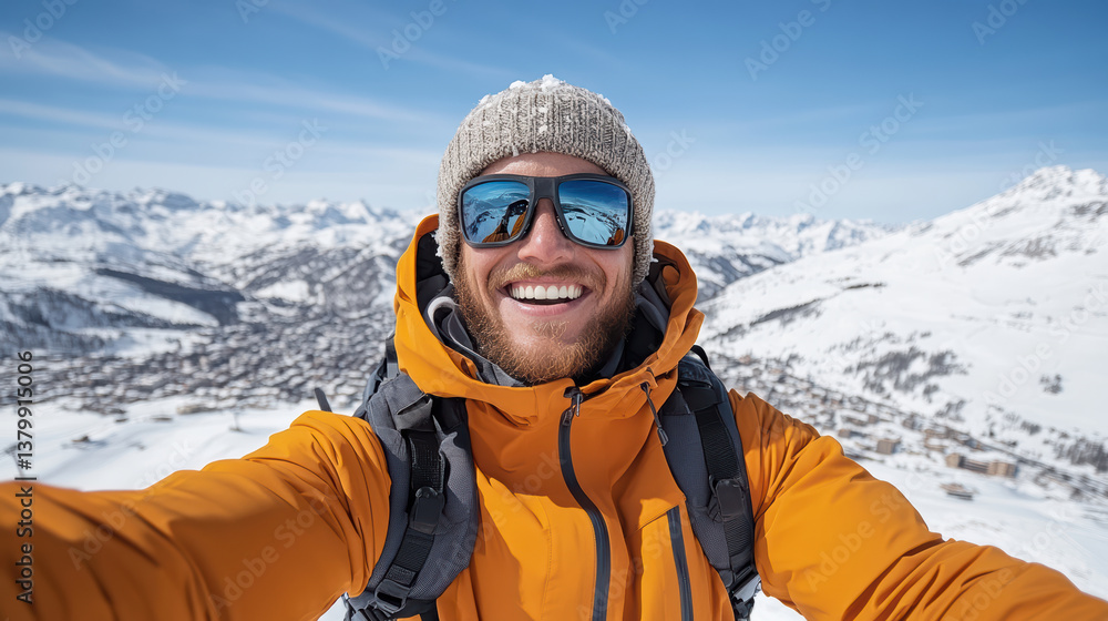 joyful person orange jacket and sunglasses smiles while taking selfie snowy mountain landscape joyful person orange jacket and sunglasses smiles while taking selfie snowy mountain landscape