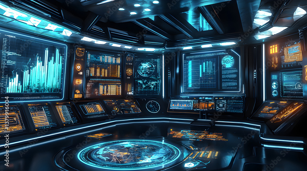 Obraz premium Futuristic control room digital interface virtual reality environment high-tech dashboard sci-fi setting
