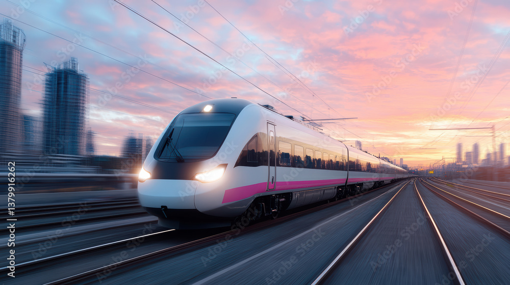 Fototapeta premium high speed train gliding past modern cityscape at sunset, showcasing sleek design and speed