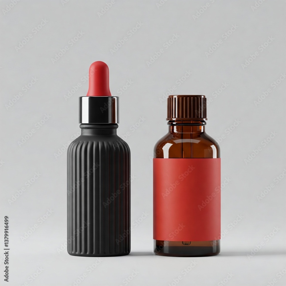 Cosmetic Dropper Bottles in Black and Amber with Red Accents Cosmetic Dropper Bottles in Black and Amber with Red Accents