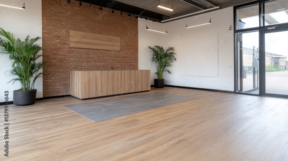 Fototapeta premium Modern office space with wooden reception desk and plants