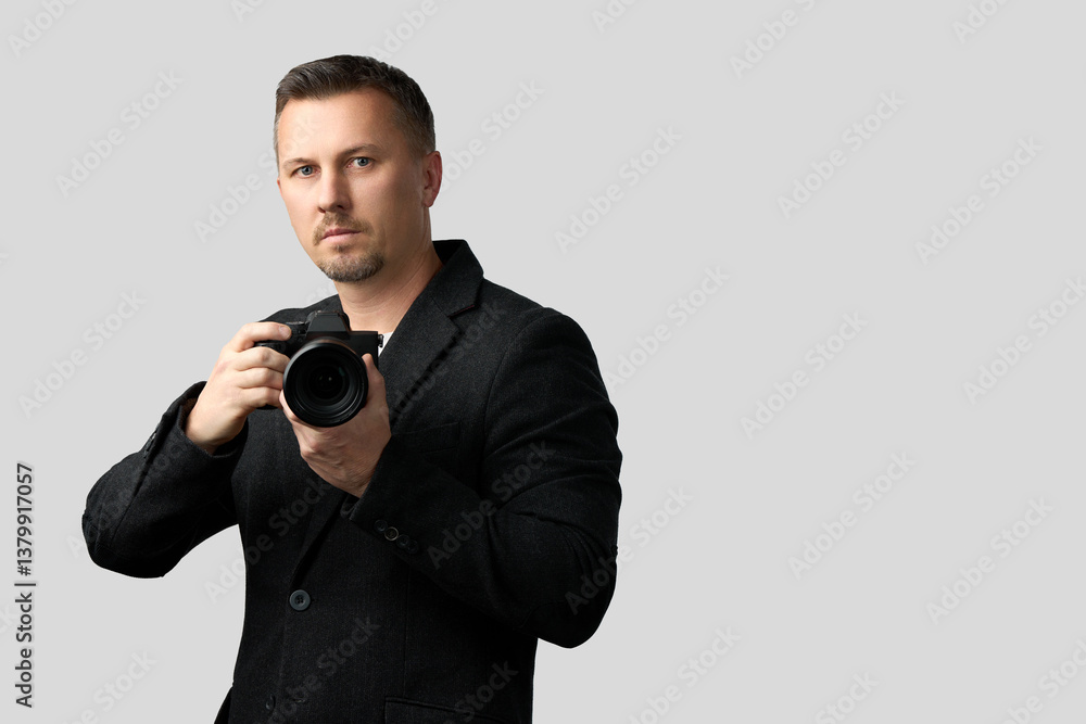 Man Taking Photo with Camera. A man using a camera, looking through the viewfinder Man Taking Photo with Camera. A man using a camera, looking through the viewfinder