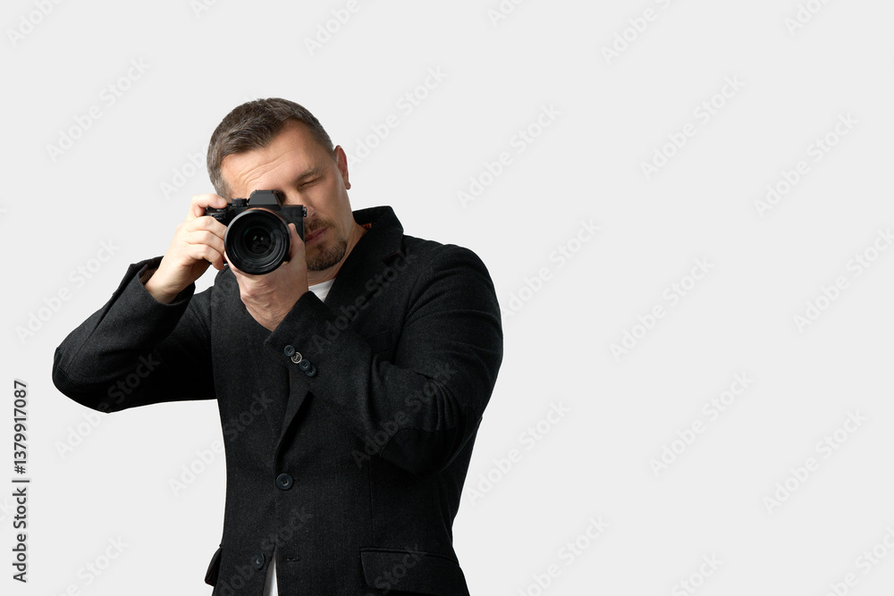 Man Taking Photo with Camera. A man using a camera, looking through the viewfinder Man Taking Photo with Camera. A man using a camera, looking through the viewfinder