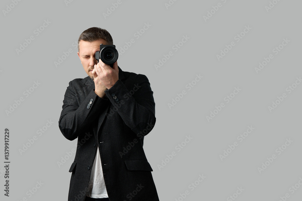 Man Taking Photo with Camera. A man using a camera, looking through the viewfinder Man Taking Photo with Camera. A man using a camera, looking through the viewfinder
