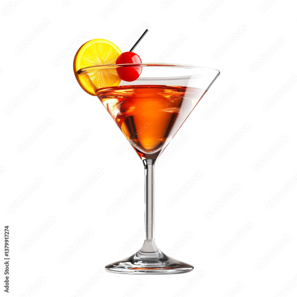 A refreshing cocktail in a martini glass garnished with lemon and cherry, A refreshing cocktail in a martini glass garnished with lemon and cherry,