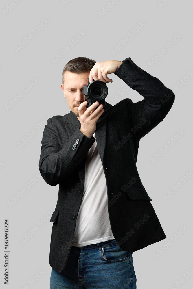 Man Taking Photo with Camera. A man using a camera, looking through the viewfinder Man Taking Photo with Camera. A man using a camera, looking through the viewfinder