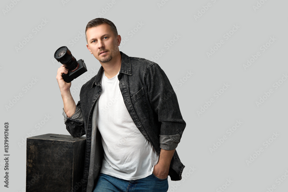 Naklejka premium Young Photographer with Camera. A man holding a camera, looking against a neutral gray background.
