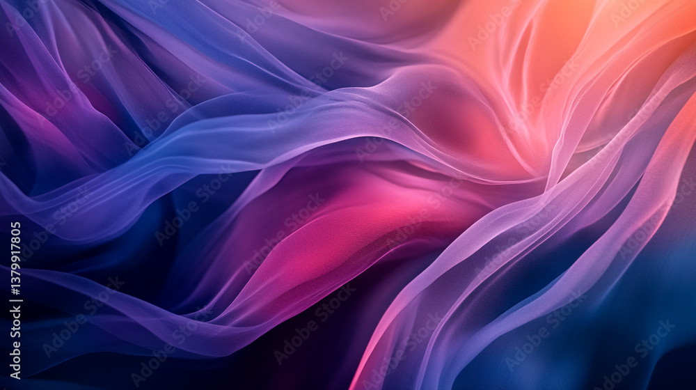 Abstract flowing fabric texture with shades of blue pink and orange creating a dynamic and soft effect