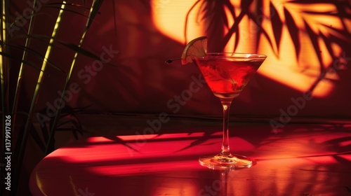 A vibrant cocktail garnished with a lime slice, set on a reflective surface with dramatic shadows from nearby plants