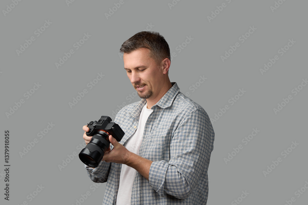 Photographer Checking Camera Settings. A man in a checkered shirt looks down at a camera Photographer Checking Camera Settings. A man in a checkered shirt looks down at a camera
