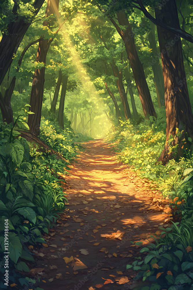 Breathtaking forest pathway illuminated by morning sunbeams through dense canopy
Breathtaking forest pathway illuminated by morning sunbeams through dense canopy