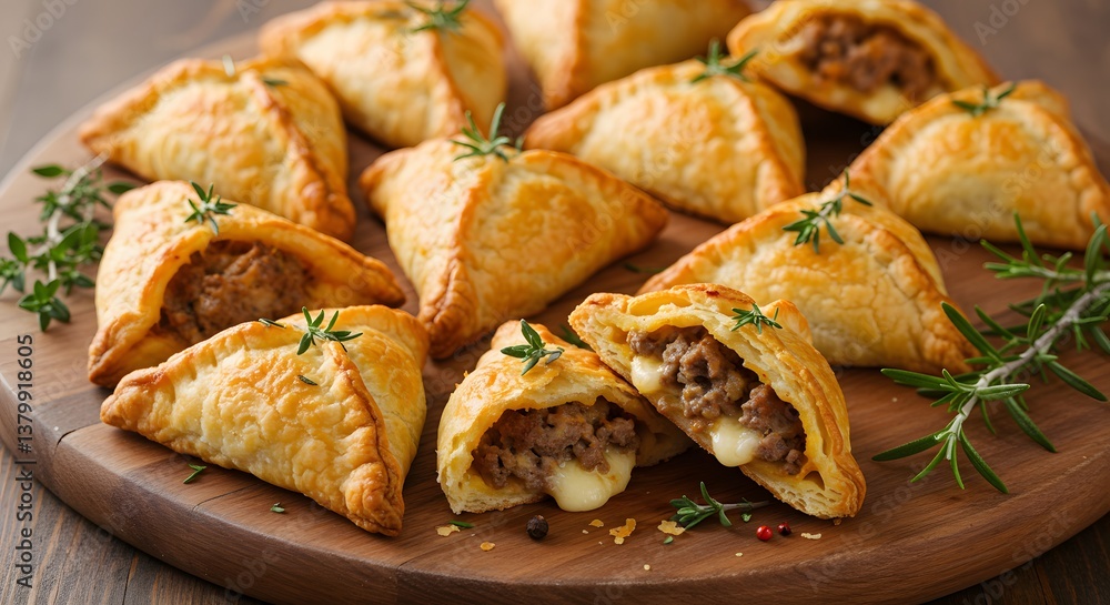 Serving Ground Beef Pies with Rosemary on a Rustic Wooden Board Serving Ground Beef Pies with Rosemary on a Rustic Wooden Board
