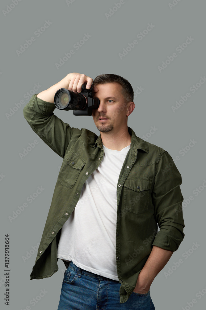 Photographer man holds a camera, aiming it forward with a focused expression, against a light gray background. Photographer man holds a camera, aiming it forward with a focused expression, against a light gray background.