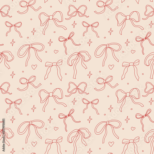 Repeating pattern of hand-drawn bows and stars on a light background for creative design use