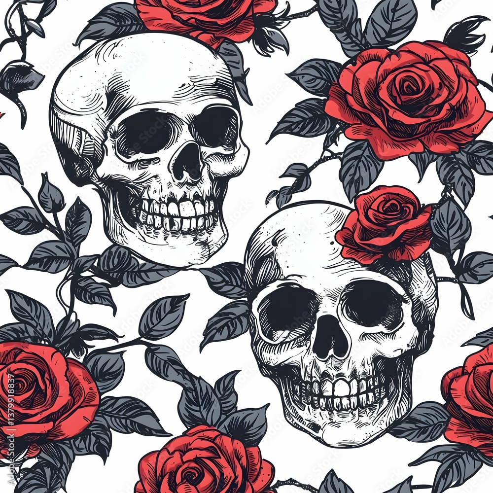 Fototapeta premium A striking pattern of vivid skulls entwined with lush roses, ideal for edgy designs.
