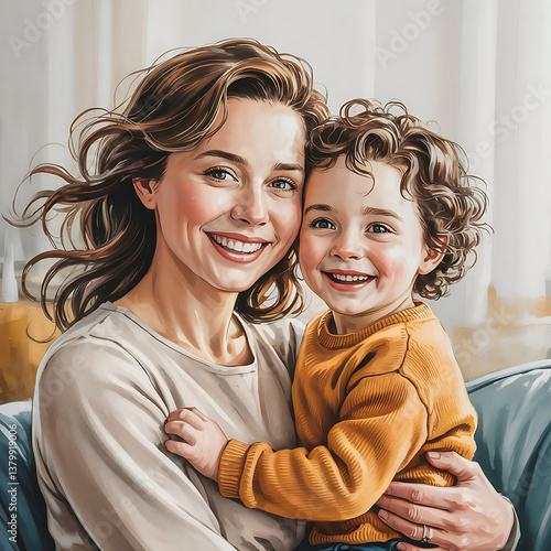 A warm and loving mother with flowing brown hair holds her adorable curly-haired child in her arms.