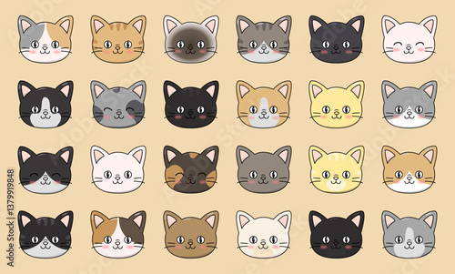 Cute cartoon cat faces collection. Adorable hand drawn kawaii kitten heads set for stickers, patterns and digital designs. Happy, joyful and adorable cat faces in different colors and characters.