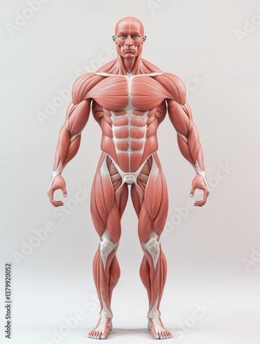 Detailed anatomical illustration of muscular male figure showcasing muscle structure and map in clean medical background