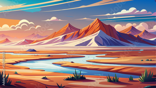 A panoramic salt flat landscape with distant mountains shimmering in the heat