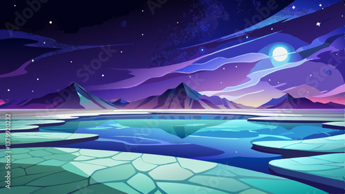 A mystical salt flat at night, where the Milky Way glows above the endless white surface.