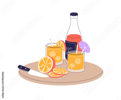 Summer cocktail in glasses, bottle. Cold orange refreshment, tropical fruit b...