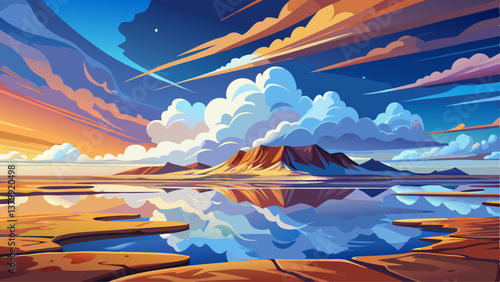 A serene salt flat after rain, creating a perfect reflection of the clouds above.