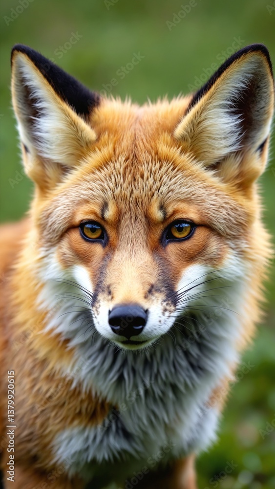Fototapeta premium Close-Up of a Fox Face with Detailed Fur Texture and Bright Eye Capturing the Essence of Wildlife and Natural Beauty in a Serene Environment