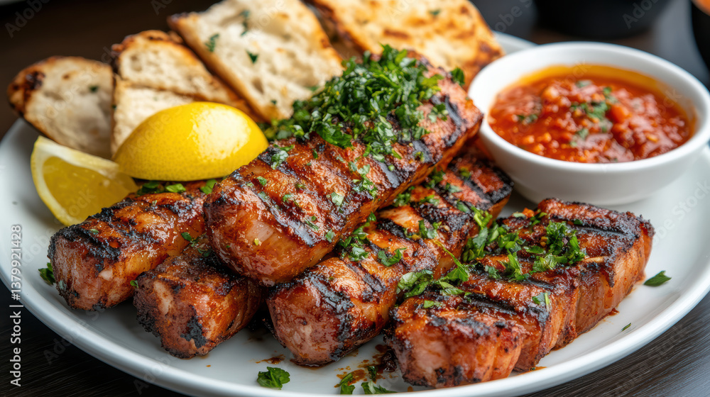 Grilled lamb skewers served with flatbread, lemon, and spicy sauce create delicious meal Grilled lamb skewers served with flatbread, lemon, and spicy sauce create delicious meal