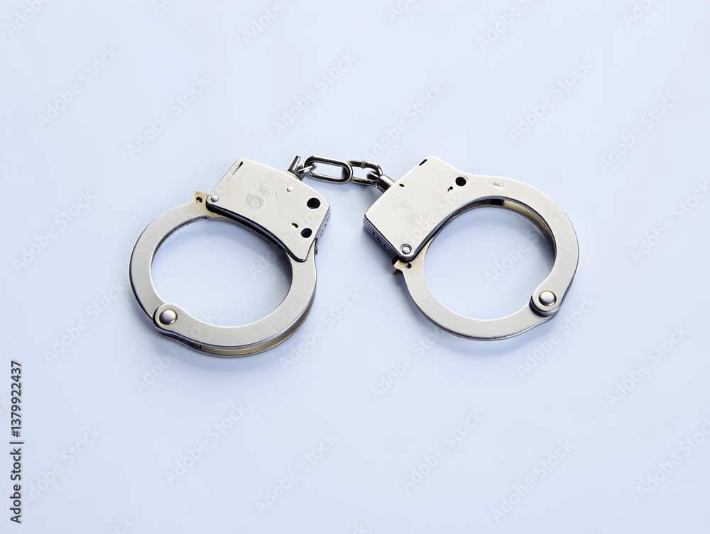 Silver handcuffs connected by a short chain, isolated on a clean white background. Silver handcuffs connected by a short chain, isolated on a clean white background.