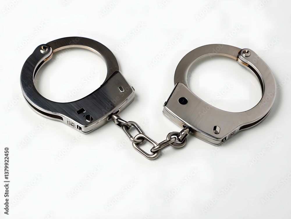 Obraz premium Silver handcuffs connected by a short chain, isolated on a clean white background.