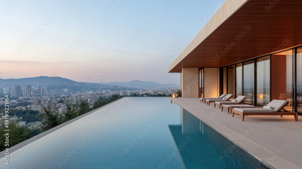 Fototapeta premium Luxurious infinity pool overlooking stunning cityscape at sunset, creating serene atmosphere
