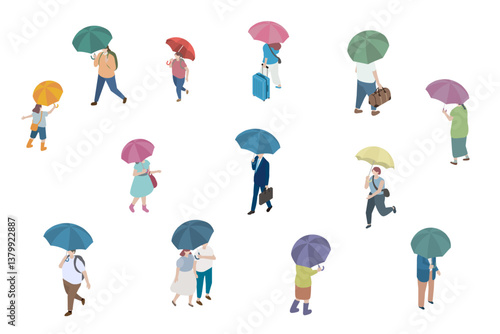 傘をさして歩く人々のアイソメトリックイラスト、雨の日のアイソメ